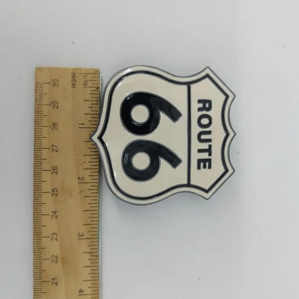 Route 66 Belt Buckle National Historic Trail Highway Metal Festival Enamel White